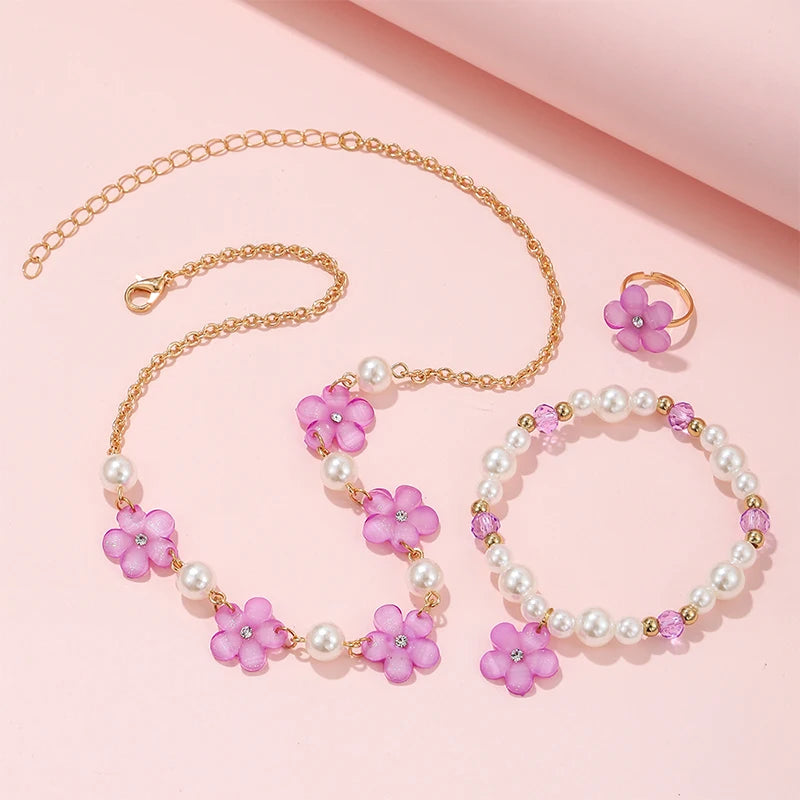 Kids Jewelry Set 3Pcs Flower Charm Necklace Bracelet Ring for Girls and Daughters