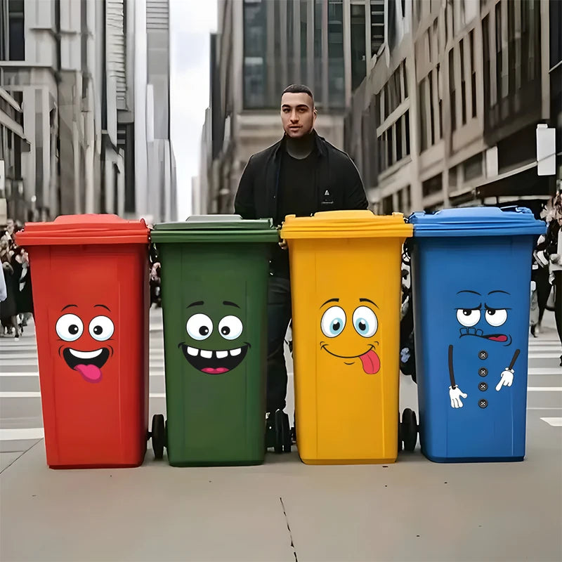4-Pack Cartoon Expression Trash Can Stickers - Waterproof Vinyl Home Decor