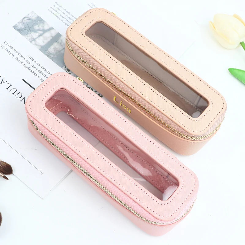 Customized PU Leather Transparent Makeup Brush Bag Portable Storage Organizer
