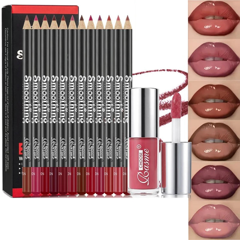 Long-Lasting Waterproof Lip Liner & Gloss Set - 12 Shades for Flawless Pout