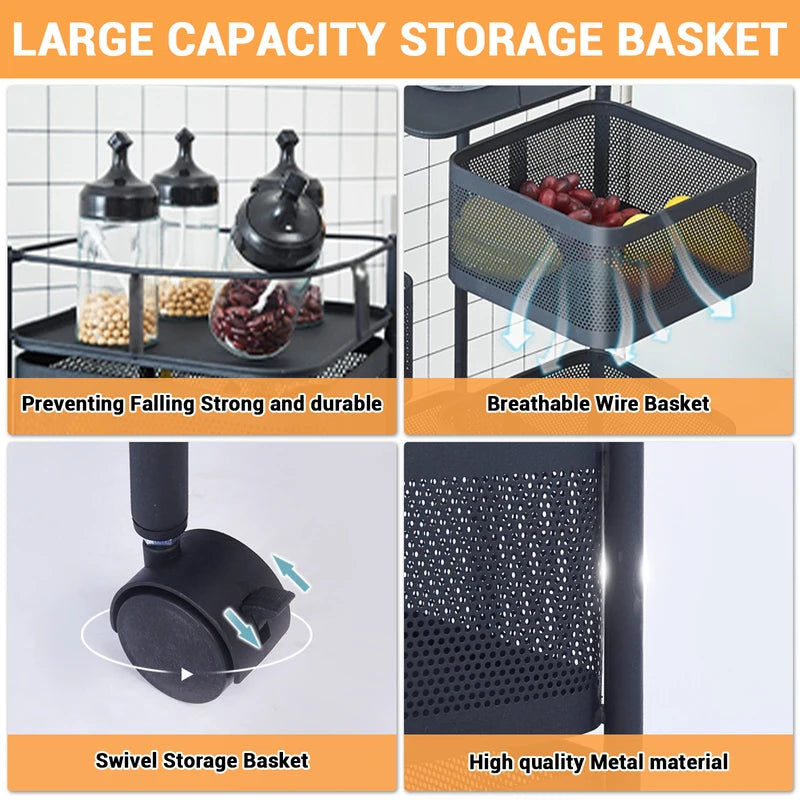 Rotating Kitchen Storage Rack - 5-Tier Multi-Layer Removable Basket Organizer on Rolling Wheels