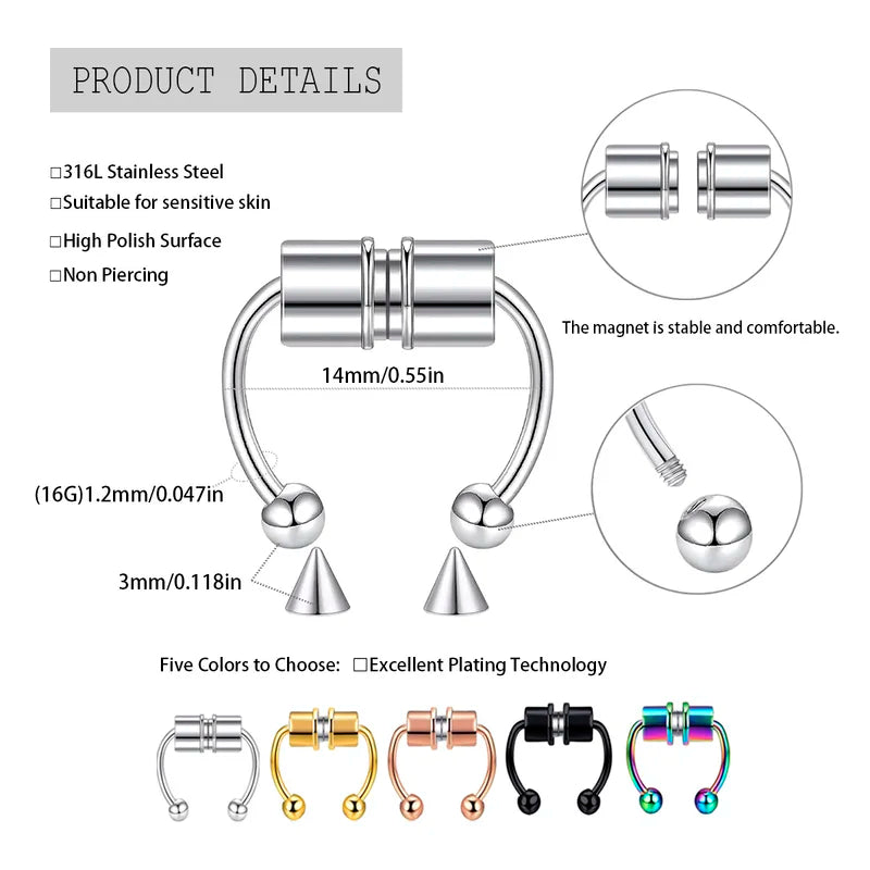 Magnetic Nose Ring Non-Pierced Horseshoe Nose Clip Stainless Steel Jewelry Set