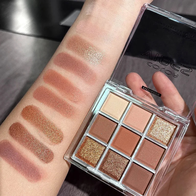Nine Color Eye Shadow Palette with Glitter and Pearl Finish - Deciduous Red Brown Makeup