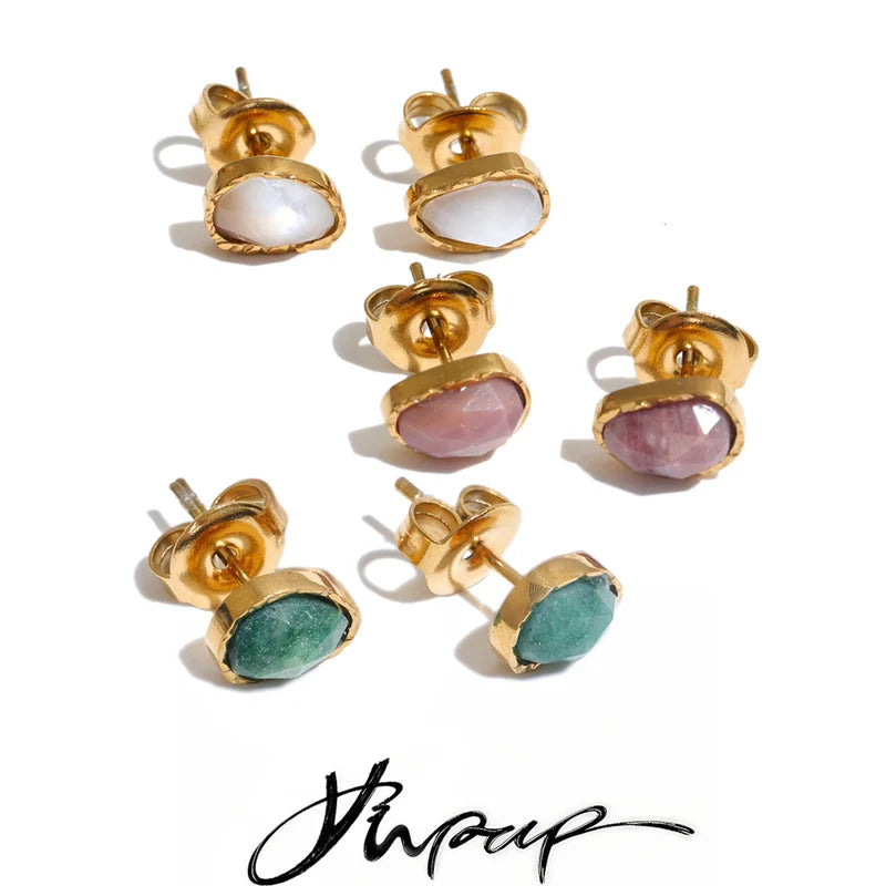 Stainless Steel Stud Earrings with Natural Shell and Stone Oval Small Jewelry