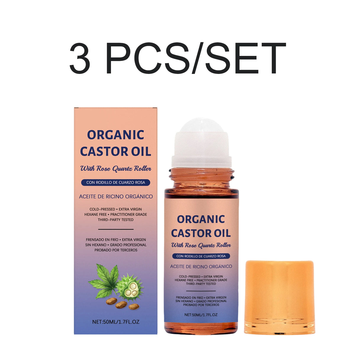 Organic Castor Oil with Rose Quartz Roller - Moisturizing Body, Face & Hair Serum 50ml