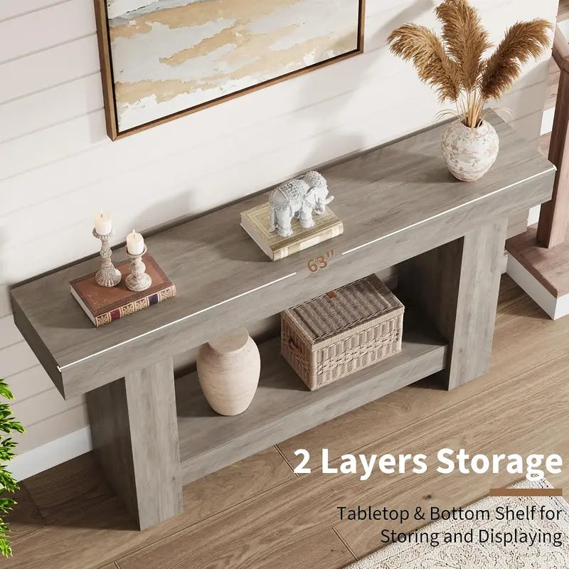 Farmhouse 63-Inch Console Table with H-Base, 2-Tier Entryway & Living Room Storage