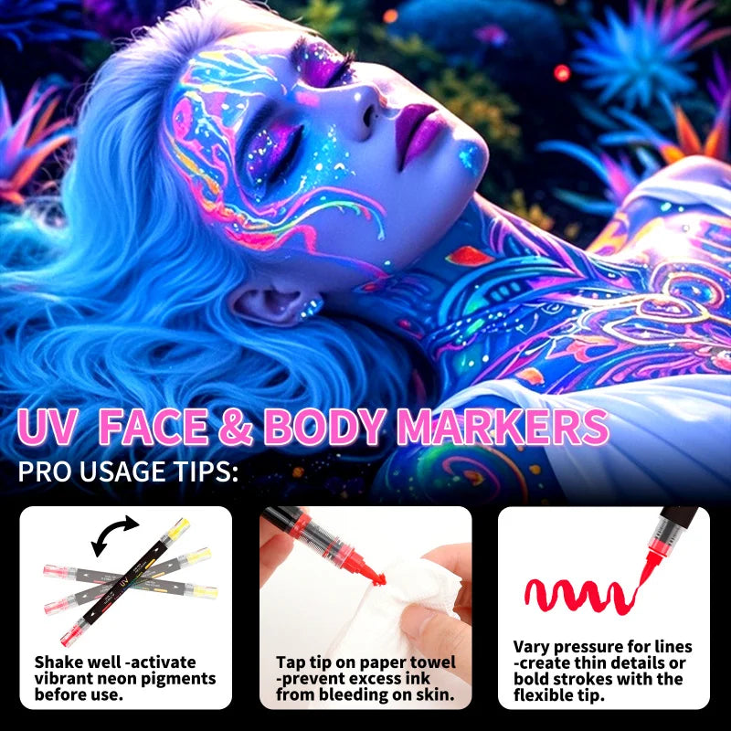 Glow in The Dark Face Paint Markers 8-Pack, Neon UV Body Art Pens for Skin & Tattoos