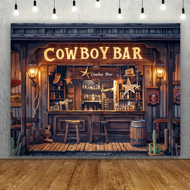 Retro Western Bar Background Banner - Homer Themed Party Decor with Wooden Bar, Wheel Bucket & Stool