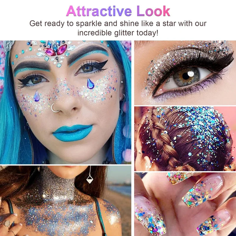 12 Colors Face & Body Glitter Gel - Holographic Sequins for Festival & Party