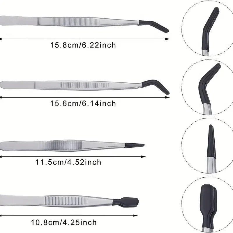 Precision Tweezers with Rubber Coated Tips - Flat & Bent Tip Non-Marring