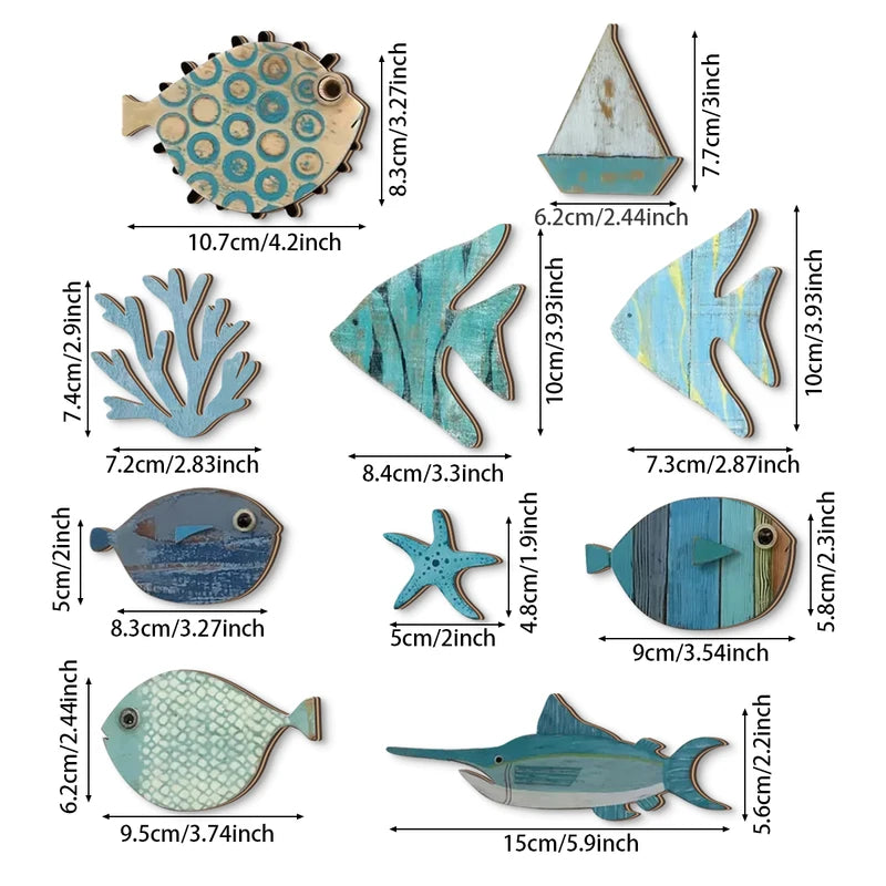 Handcrafted Wooden Ocean Wall Art Set with Fish Coral Starfish Sailboat Coastal Decor