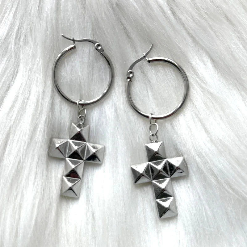Stainless Steel Punk Cross Earrings for Women - 3D Rivet Gothic Jewelry