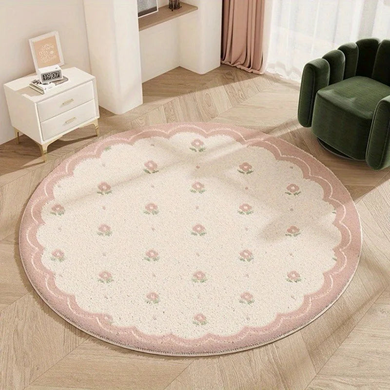 Round Floral Area Rug - Soft Indoor Floor Mat for Living Room & Bedroom