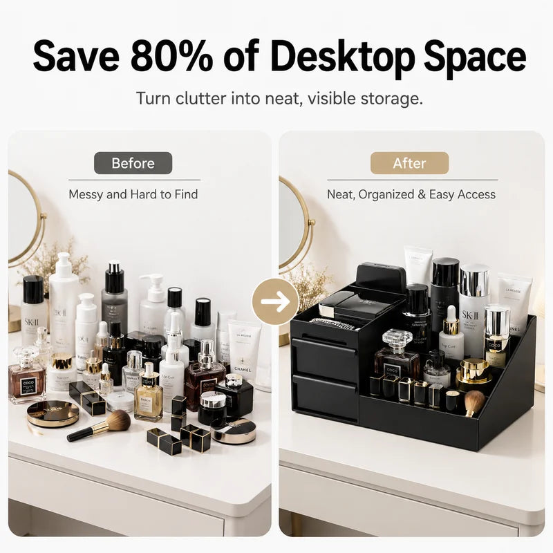 Desktop Makeup Organizer with Drawers - Black Cosmetic Storage Box for Vanity