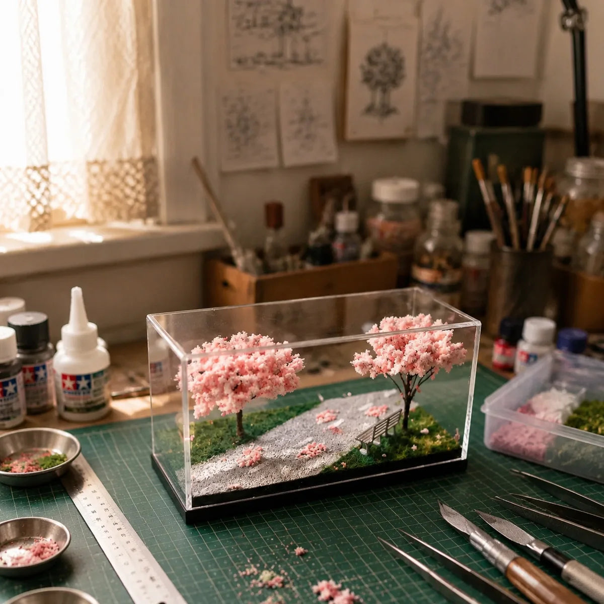 Miniature Cherry Blossom Diorama Ornament for Photography & Decor