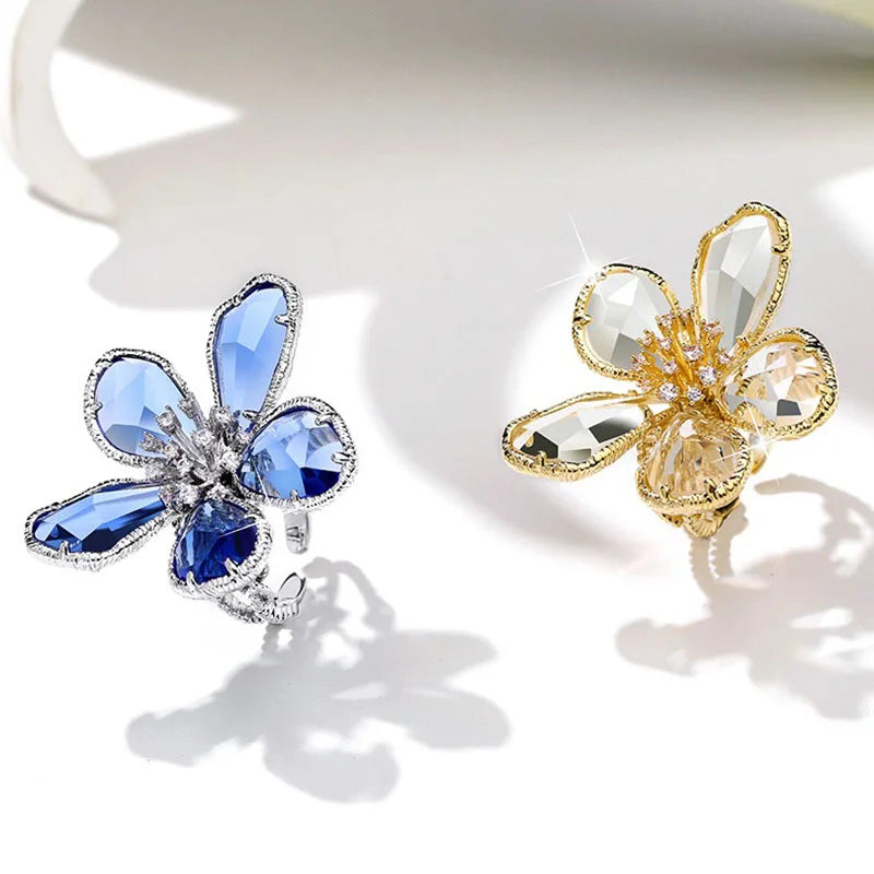 Luxury Crystal Flower Open Ring for Women Trendy Statement Jewelry Summer Holiday