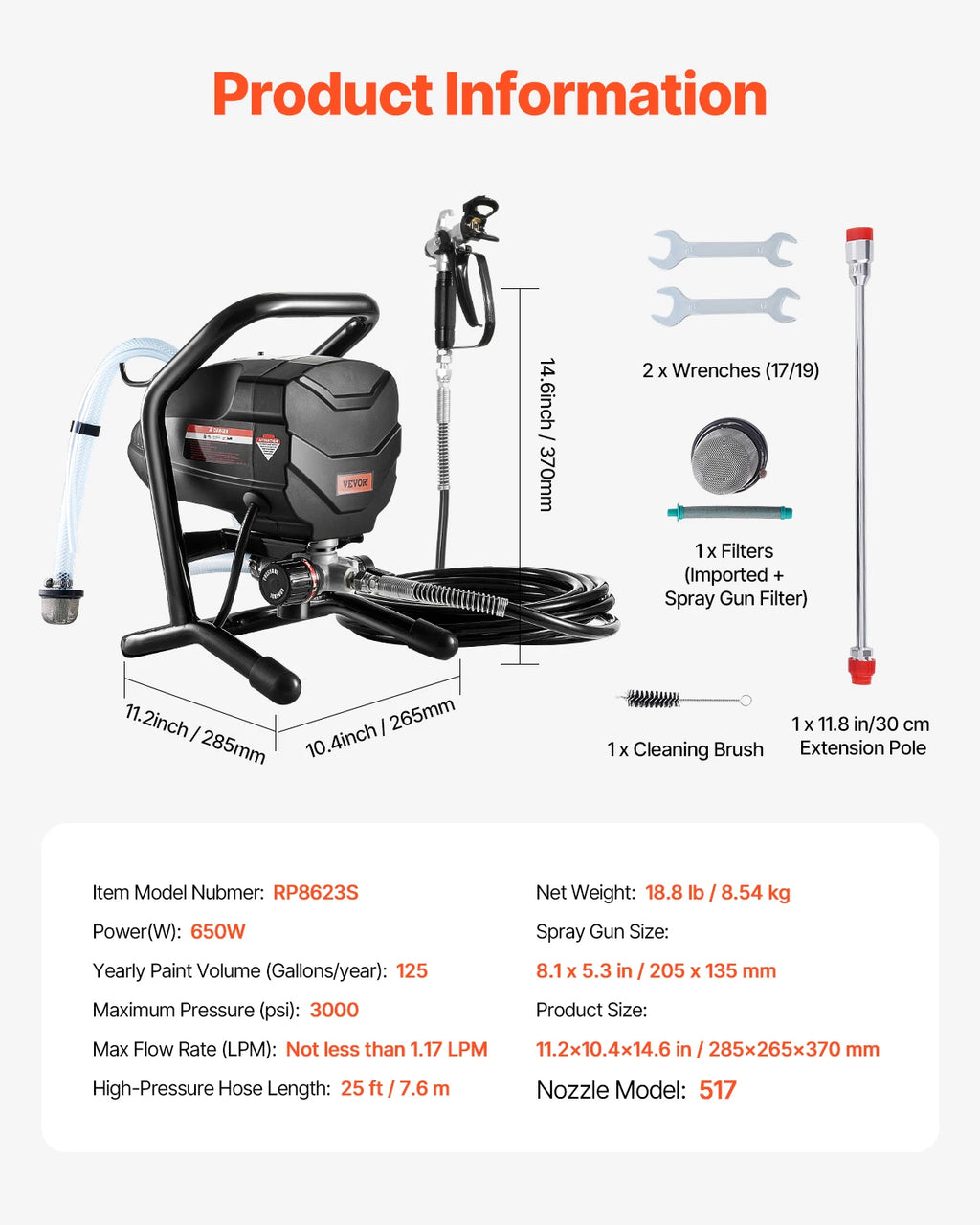 Stand Airless Paint Sprayer 650W 3000 PSI Electric Paint Machine with Extension Rod