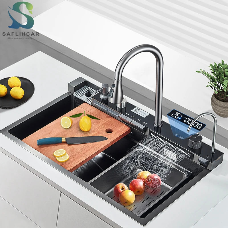 Large Stainless Steel Kitchen Sink with Digital Display and Touch Waterfall Faucet