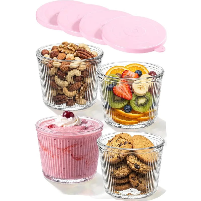 Set of 4 Small Glass Food Storage Bowls with Lids - Stackable Clear Stripe Design