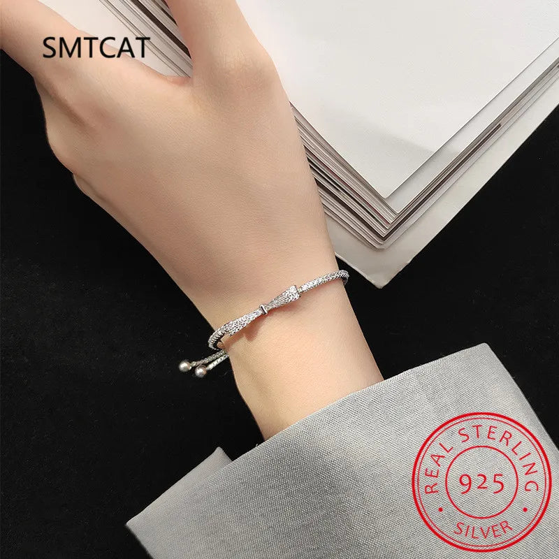 Sterling Silver Bowknot Bracelet for Women & Men with Zircon - Wedding Party Jewelry