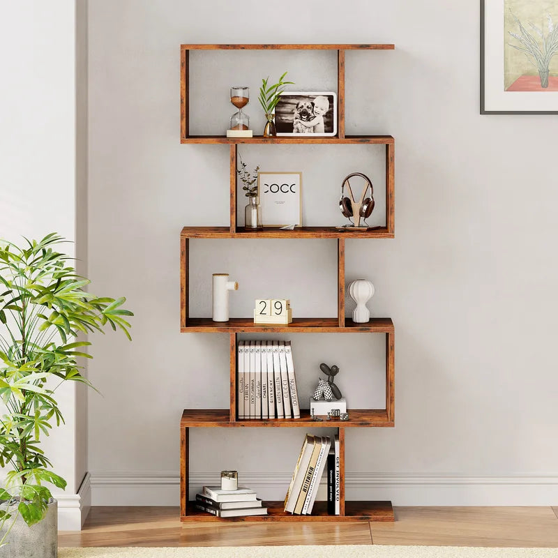 Geometric 5-Tier Bookcase – Modern Wooden Display Shelf for Living Room, Office, or Bedroom