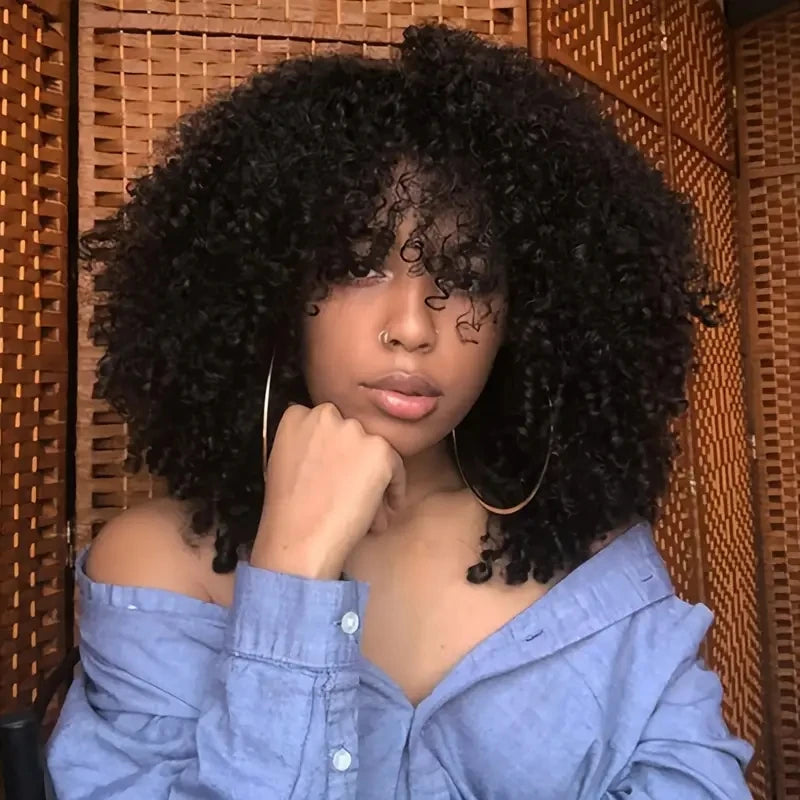 16 Inch Afro Kinky Curly Synthetic Wig with Bangs for Party Cosplay & Daily Wear