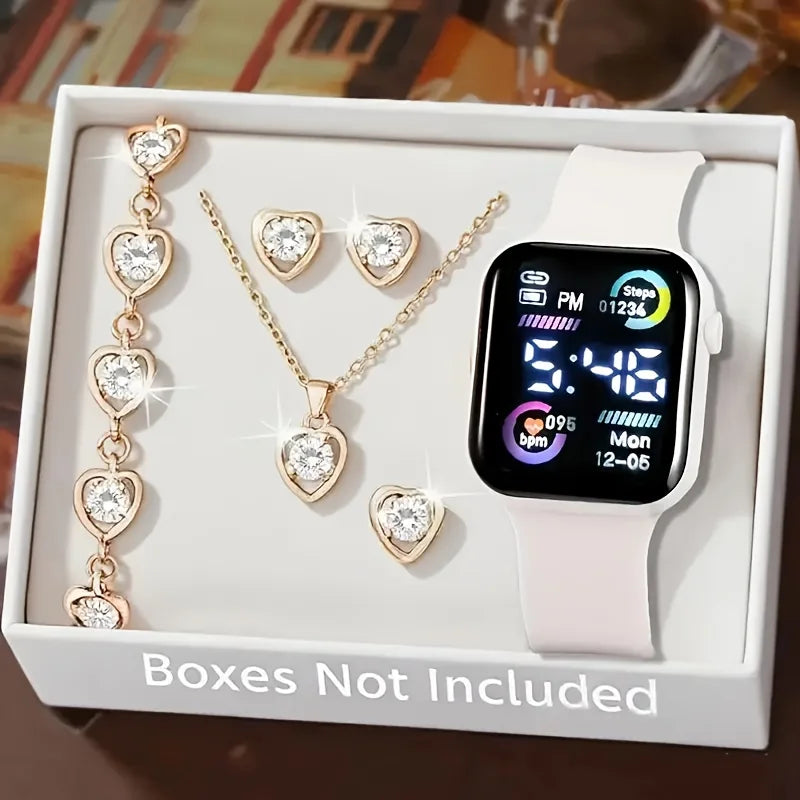 6-Piece Teen Fashion Jewelry Set with Watch Necklace Earrings Ring - Multiple Colors