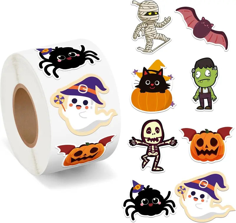 500pcs Halloween Sticker Roll Set - Funny Pumpkin Ghost Skull Spider Bat Labels for DIY Crafts