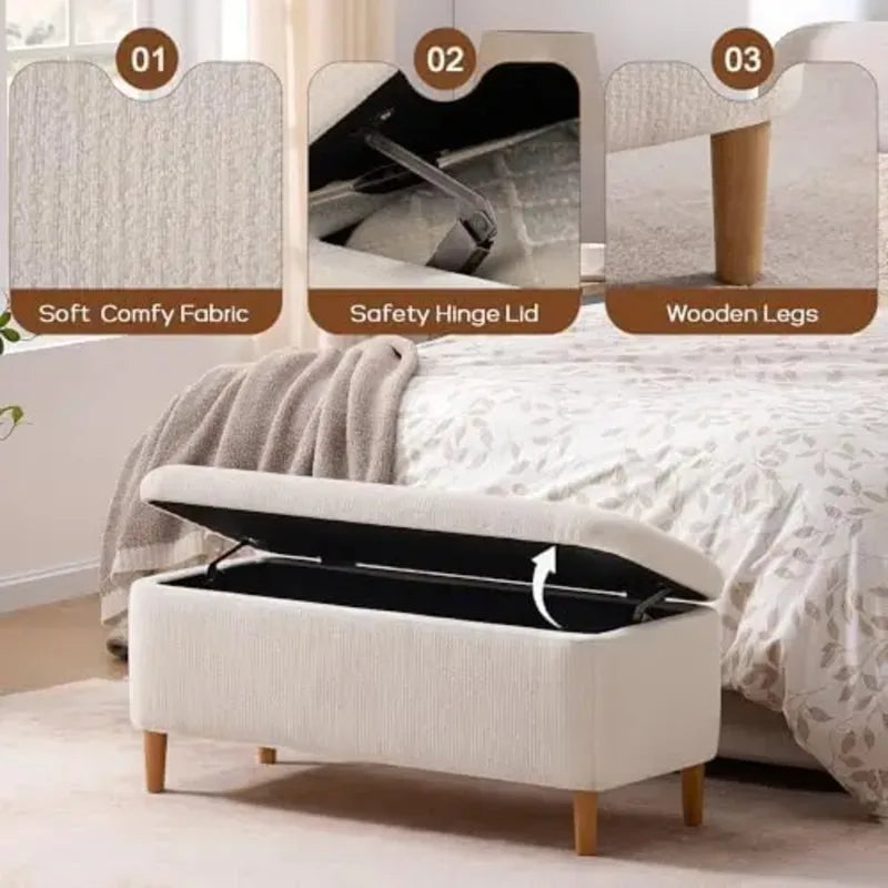 39.4-Inch Upholstered Storage Bench with Wooden Legs - Modern Fabric Ottoman for Living Room or Bedroom