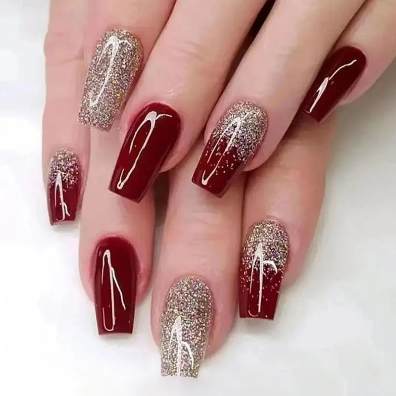 24PCS Red Bow Gold Powder Checkerboard Fake Nails Set