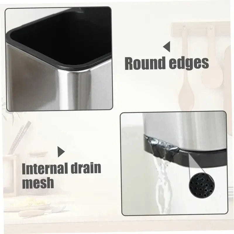 Stainless Steel Kitchen Utensil Caddy Organizer with Drain Holes and Non‑Slip Base