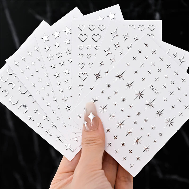 Silver Metallic Nail Stickers Set - 6 Sheets 3D Star Heart Chain Decals
