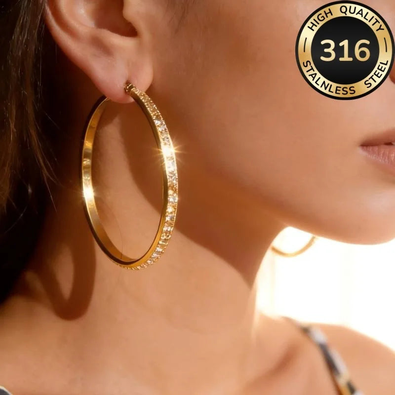 Large Crystal Hoop Earrings for Women - Hypoallergenic 316L Stainless Steel Gold & Silver
