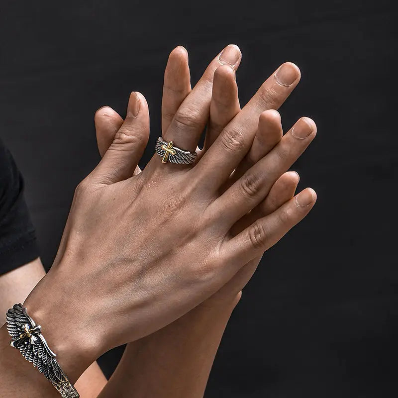 Unisex Retro Cross Feather Graffiti Punk Gothic Adjustable Ring Jewelry Gift