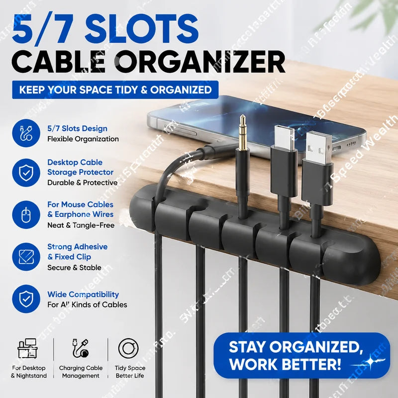 Multi-Hole Data Cable Organizer for Desk & Charging Station, Cord Winding Clips