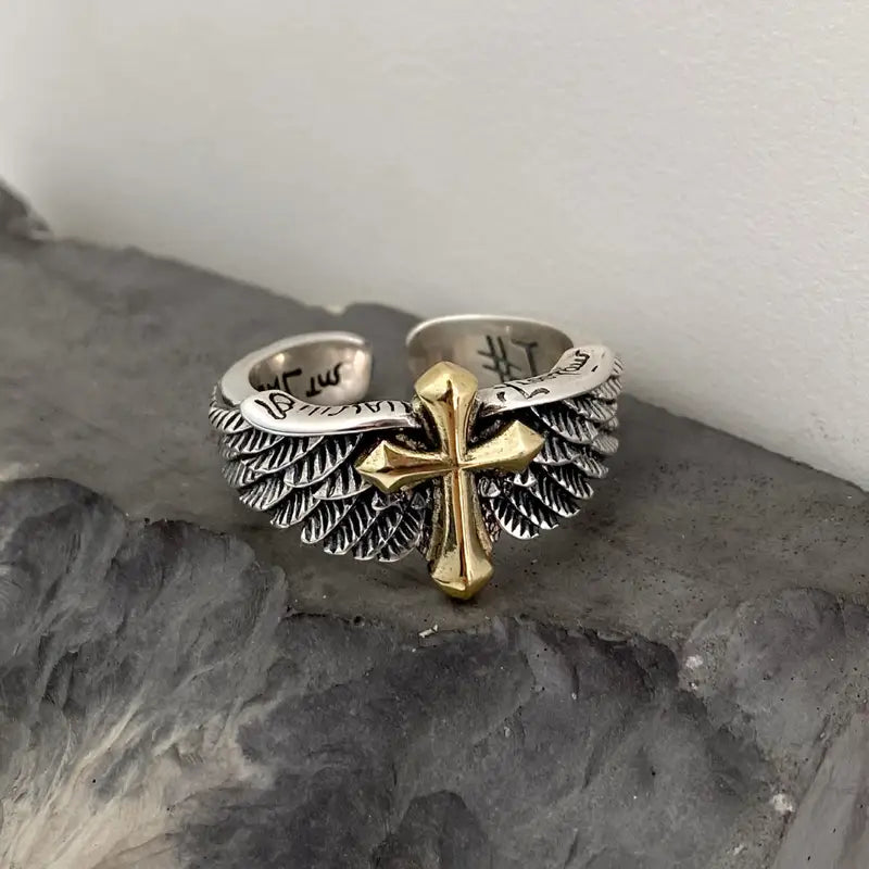 Unisex Retro Cross Feather Graffiti Punk Gothic Adjustable Ring Jewelry Gift
