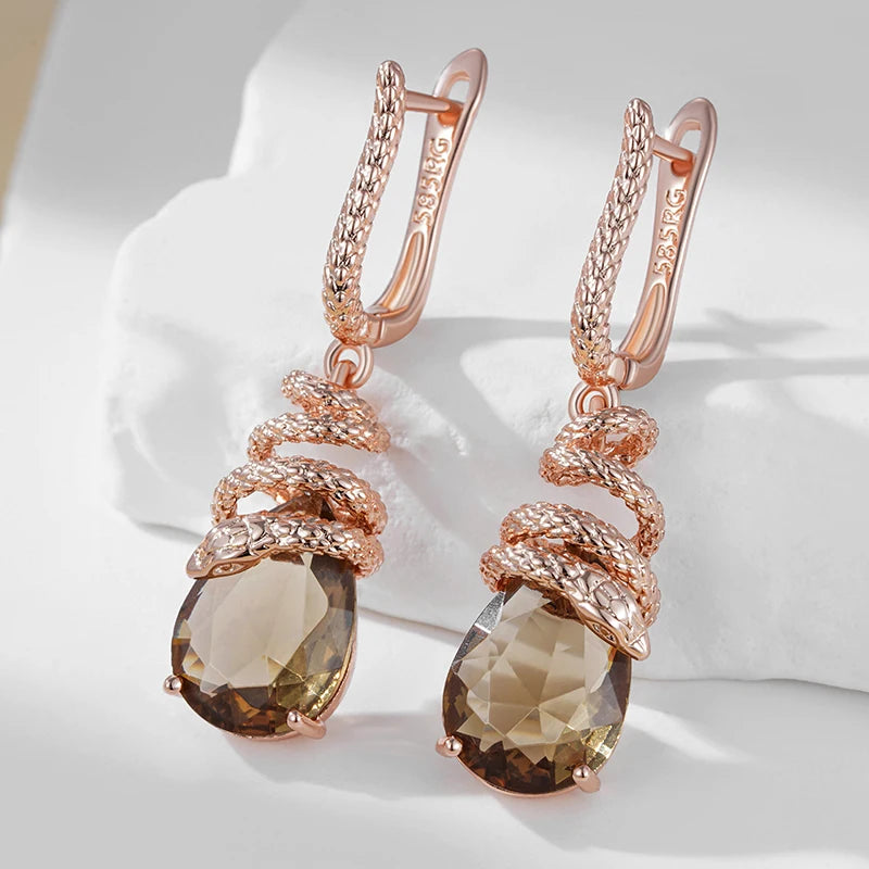 Unique Brown Zircon Snake Dangle Earrings for Women - Rose Gold Plated Jewelry