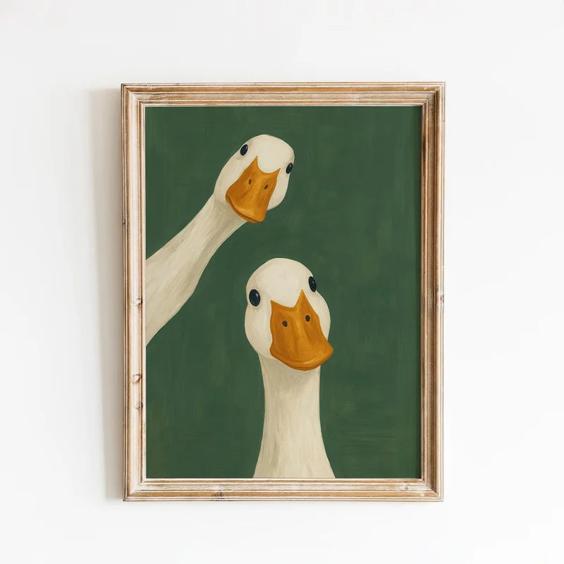 Serene Duck Wall Art - Green Fowl Friendship Canvas Print for Home Decor