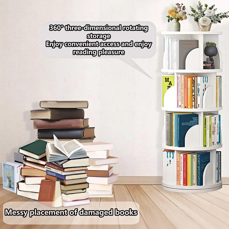 Rotating Bookshelf Tower with 360° Spin - 4 Tier Wooden Book Shelf for Kids & Living Room