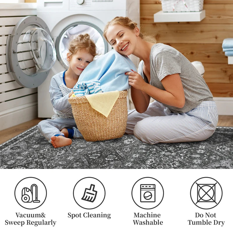 Machine Washable Non-Slip Water-Resistant Rug for Living Room - Vintage Moroccan Low-Pile