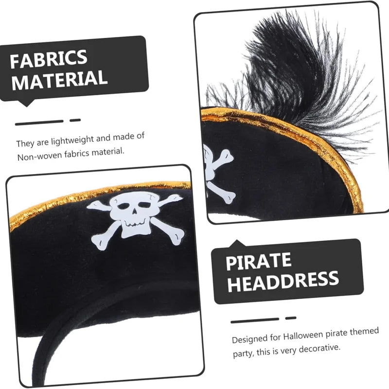 Pirate Hat Headband with Skull Crossbones & Black Feather Halloween Costume Accessory