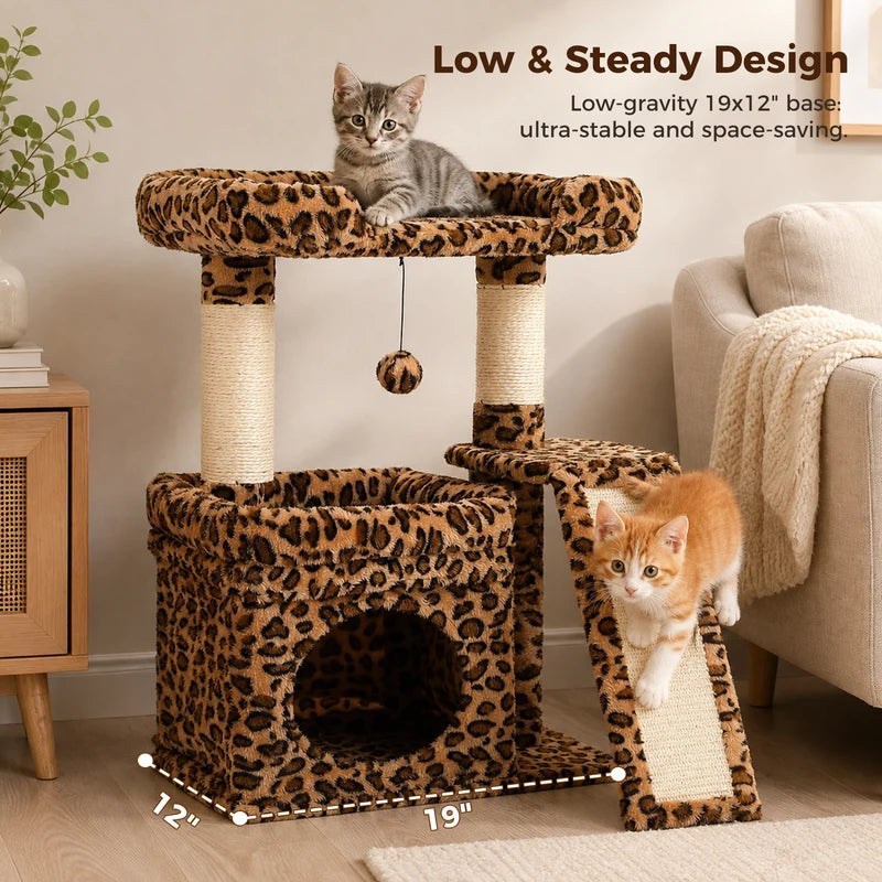 Small Cat Tree Tower with Sisal Scratching Posts and Large Perch - Indoor Cat Furniture