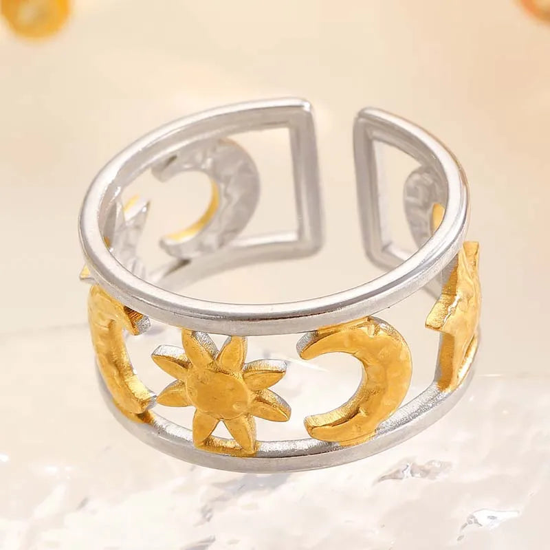 Minimalist Star & Moon Double Layer Open Rings - Waterproof Stainless Steel Jewelry Gift