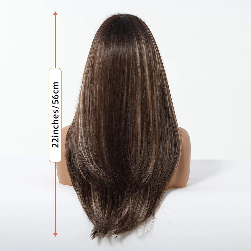 Long Synthetic Wigs with Layered Straight Hair and Highlighted Style - Unisex Daily Wear