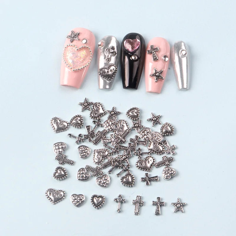 50PCS Mixed 3D Punk Silver Heart Cross Nail Charms for Manicure Nail Art