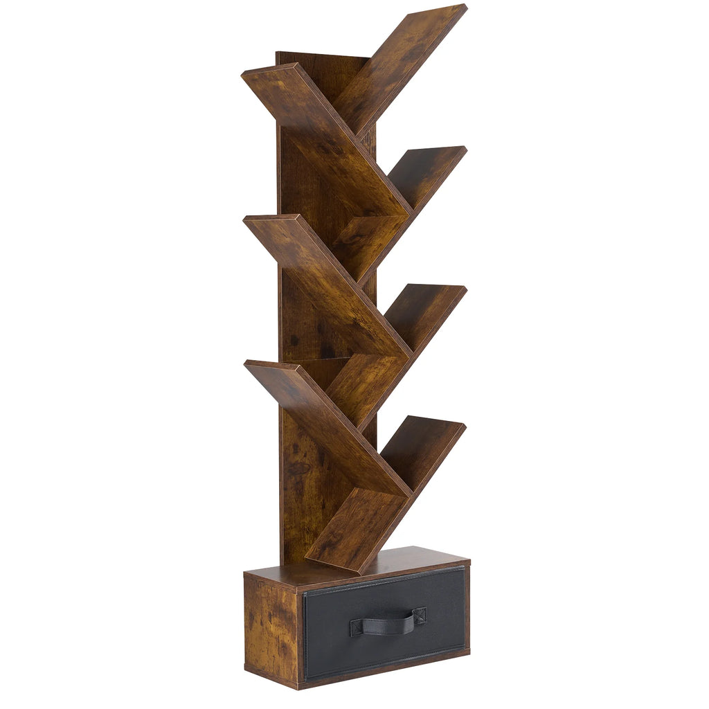 Geometric Wooden Book Rack - 7-Tier Tree Bookshelf with Drawer for Small Spaces