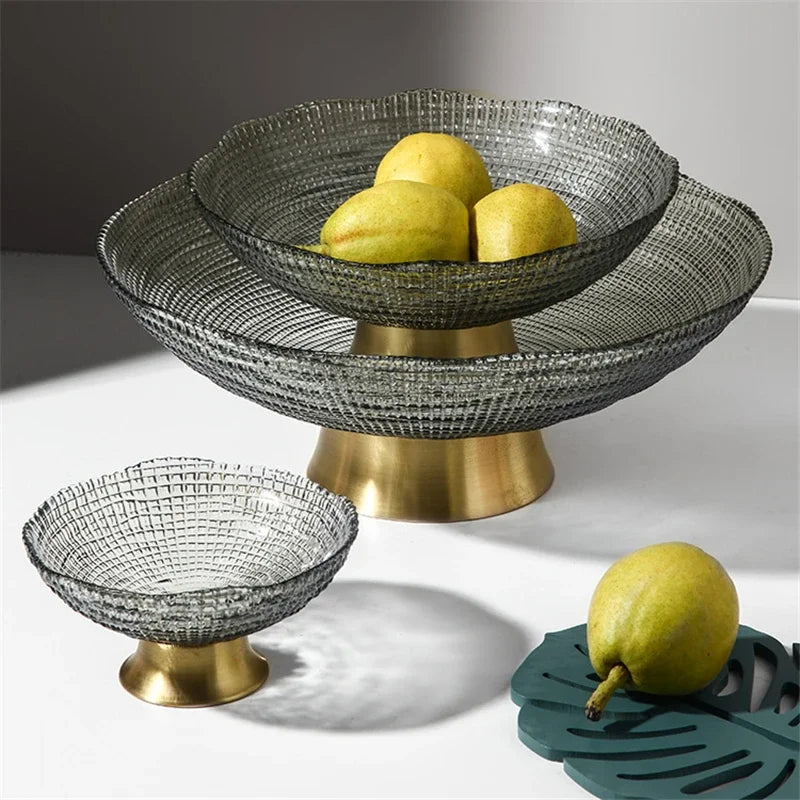 Glass Fruit Plate with Metal Storage Box for Living Room Snack Serving Tray