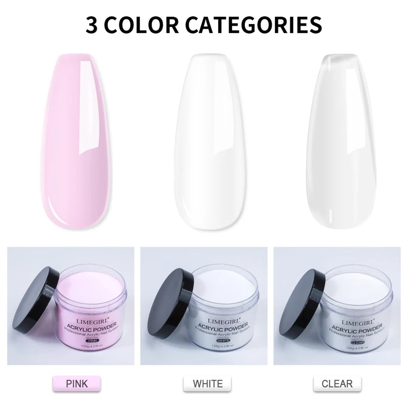 120g Acrylic Nail Powder Set - Clear Pink White Colors Nail Art Builder Tips