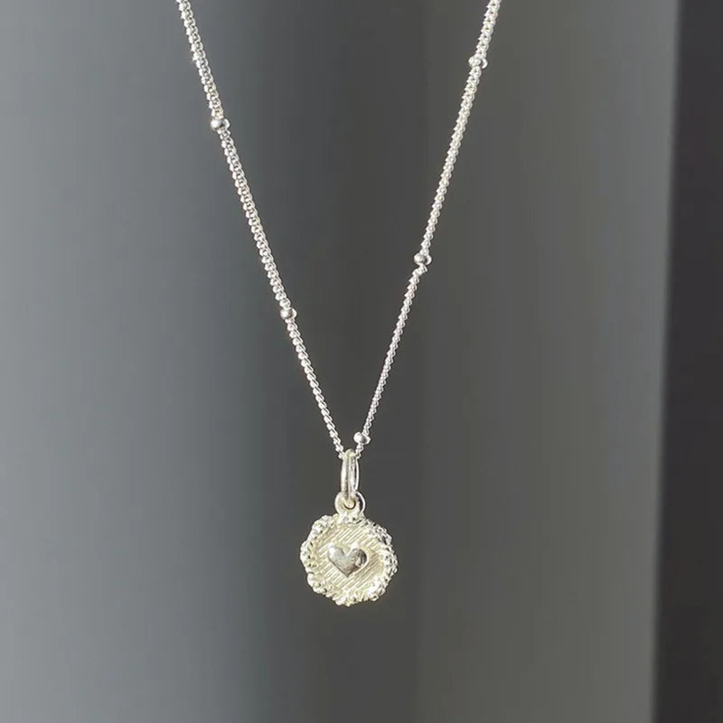 925 Sterling Love Heart Texture Bead Necklace for Women Girl Double Sided Jewelry Gift