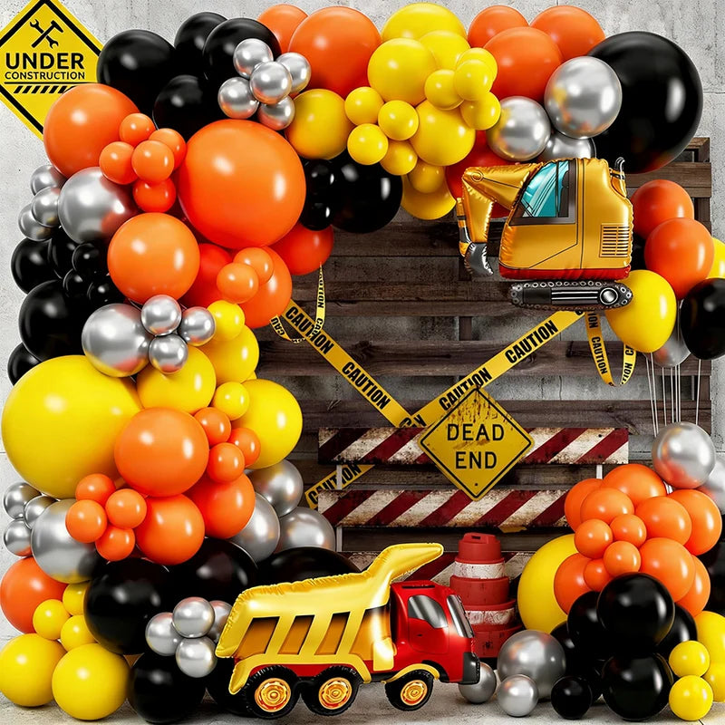 Construction Balloon Arch Kit for Birthdays and Events, Orange Black Yellow Latex Balloons